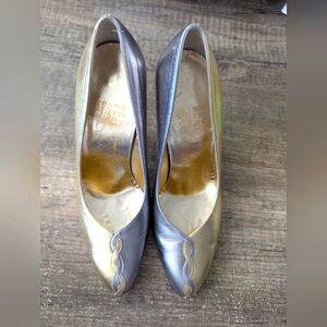 Vintage Ferragamo Two Toned Metallic Leather Pumps, Size 4 Women's